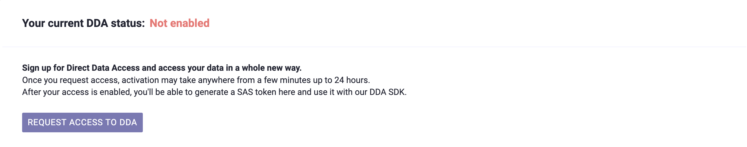 The Direct Data Access card showing the status Not enabled and the Request Access to DDA button
